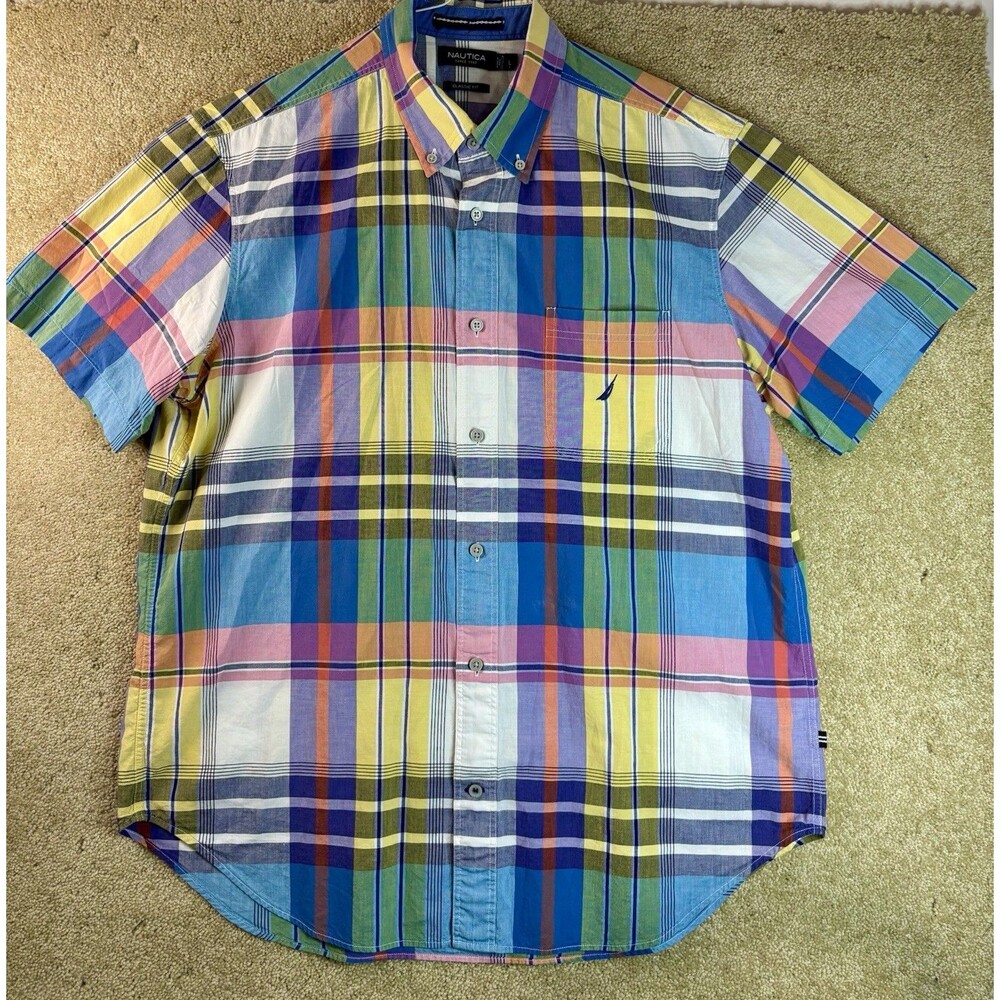 Nautica Classic Fit Short Sleeve Button Up Shirt Preppy Madras Plaid Mens Large